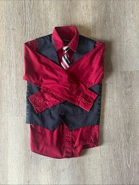 George Red Shirt with Black Pinstripe Vest and Striped Tie